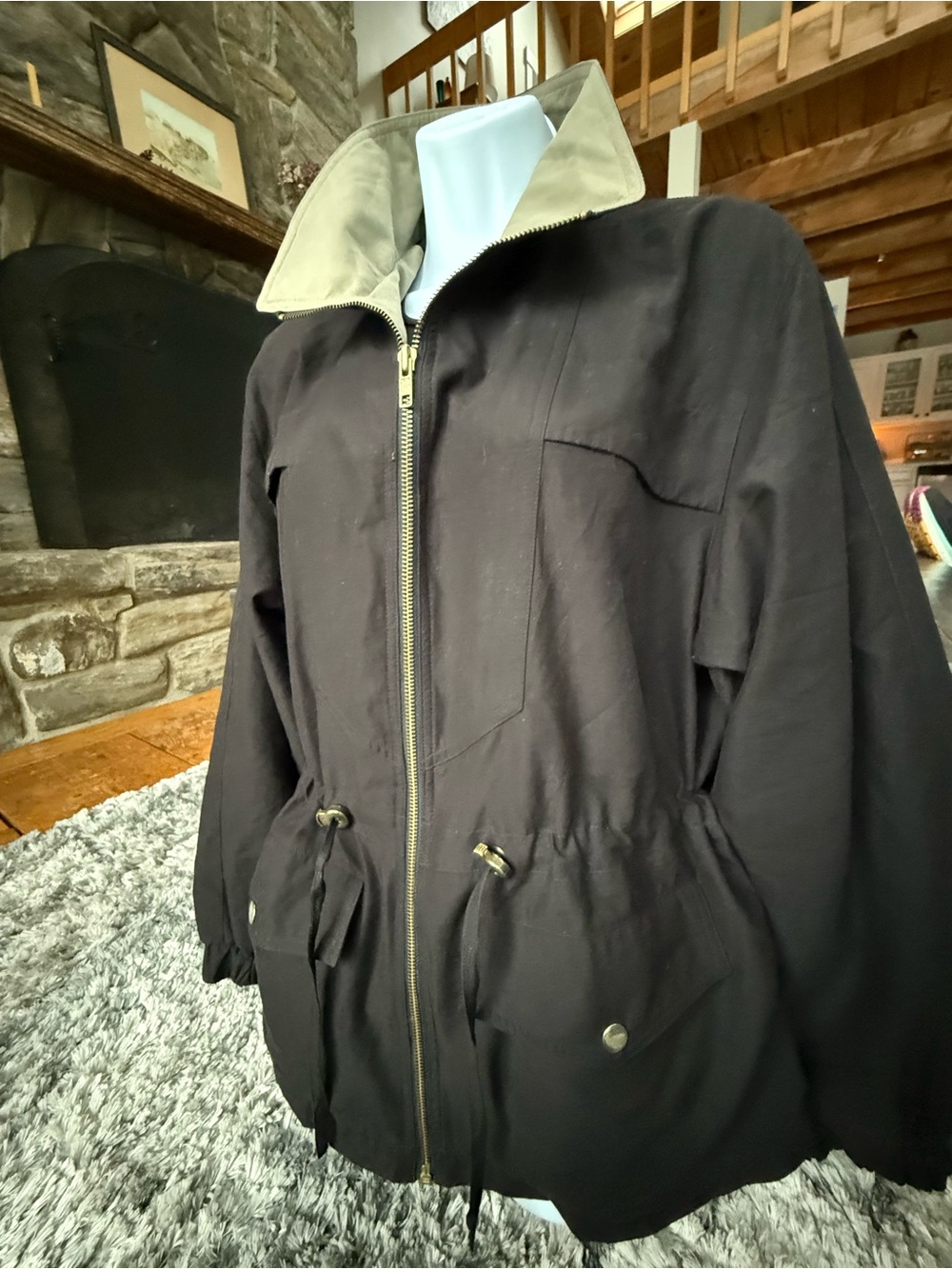 Vintage Gallery Sport Soft Windbreaker Jacket Black Khaki Drawstring Waist